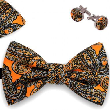 Set papion barbati, batista, butoni, portocaliu mandarina, imprimeu paisley